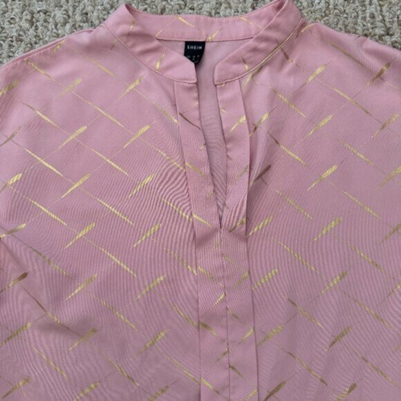 Shein Blouse womens Small Blush Pink Gold Print Short Sleeve Casual Loose Fit - Picture 6 of 12